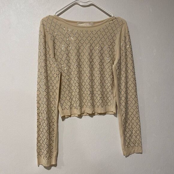 Lizette Collection Beige Rhinestone Sweater | Size L Lightweight Bling Top - Picture 1 of 5